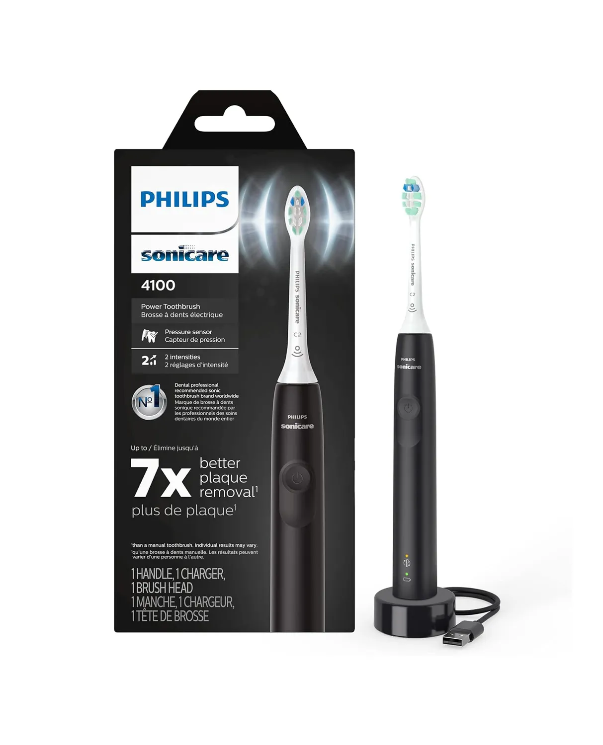 Philips Sonicare, Philips Sonicare 4100 Series Electric Toothbrush - Sonic Toothbrush With Advanced Sonic Technology, Pressure Sensor, Two Intensity Settings, Smartimer &amp; Quadpacer, Black, Model Hx3681/24