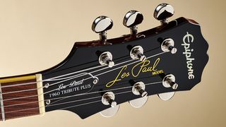 Close up of an Epiphone Les Paul headstock
