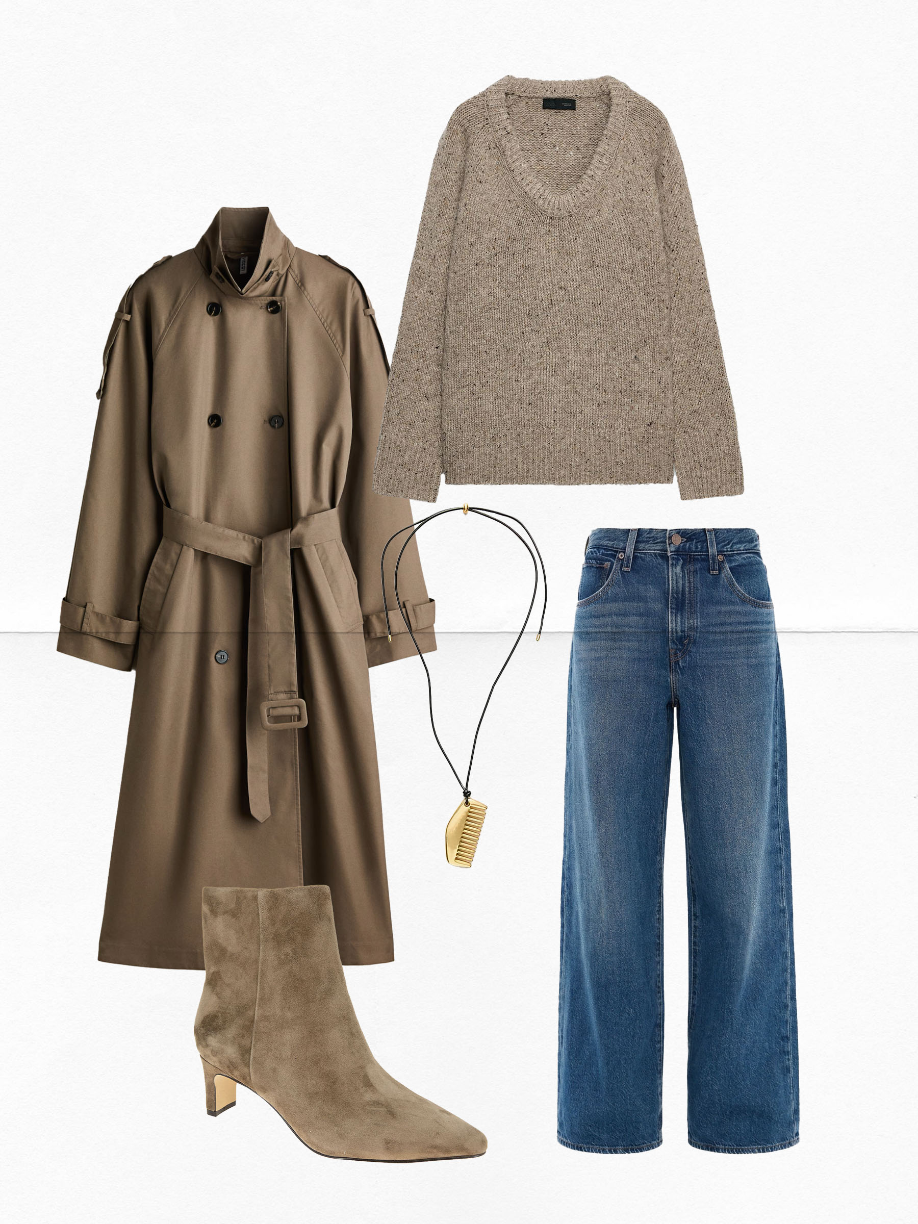 Collage of fashion items creating a fall outfit.