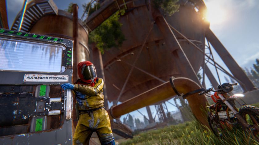 A man wearing a yellow hazmat suit approaches a secure door with pneumatic locks, a large rusted iron dome looms in the background.