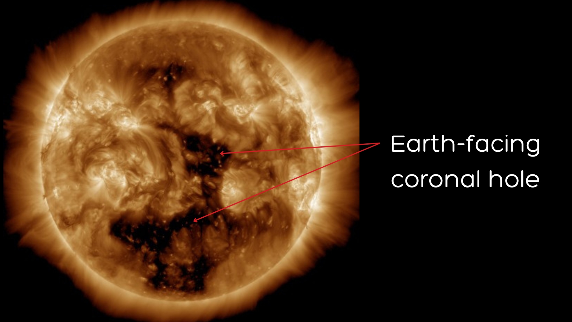 view of the sun with large dark patches on the surface, these are coronal holes.