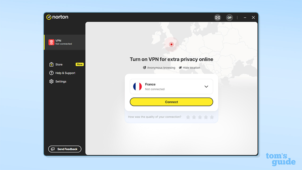 Screenshot of Norton VPN's interface when not connected to a server