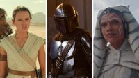 Split image showing three Disney era Star Wars projects: The Rise of Skywalker, The Mandalorian, and Ahsoka