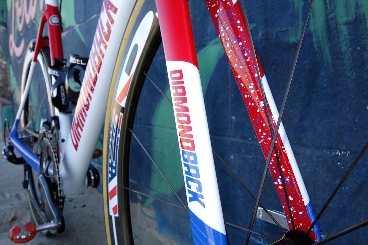 Red, white and blue confetti look dresses up the insides of the stays on Huff's bike.