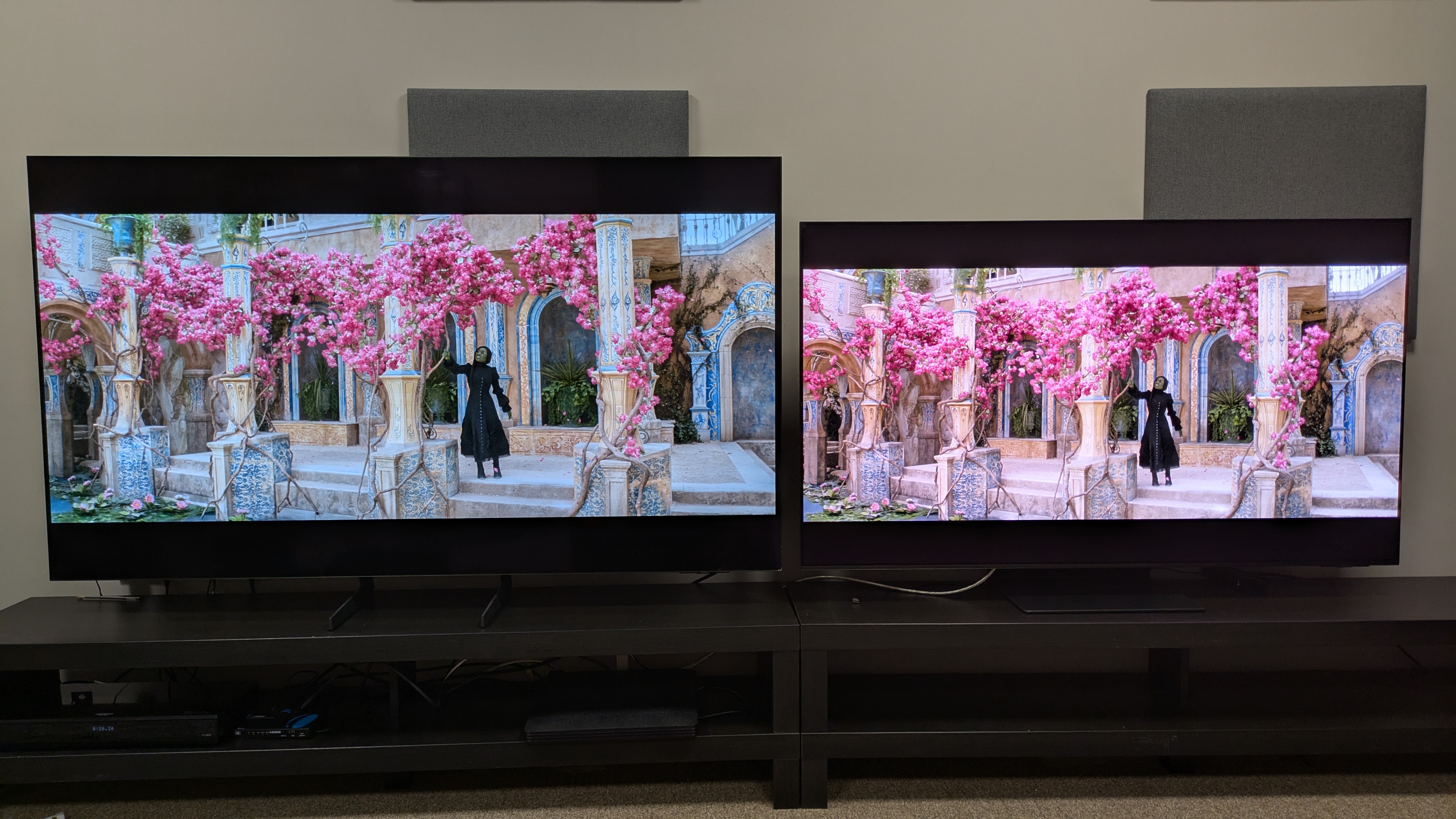 Samsung S85F (left) vs Samsung S95F (right) showing Elphaba from Wicked under a pink tree, both set to Movie mode