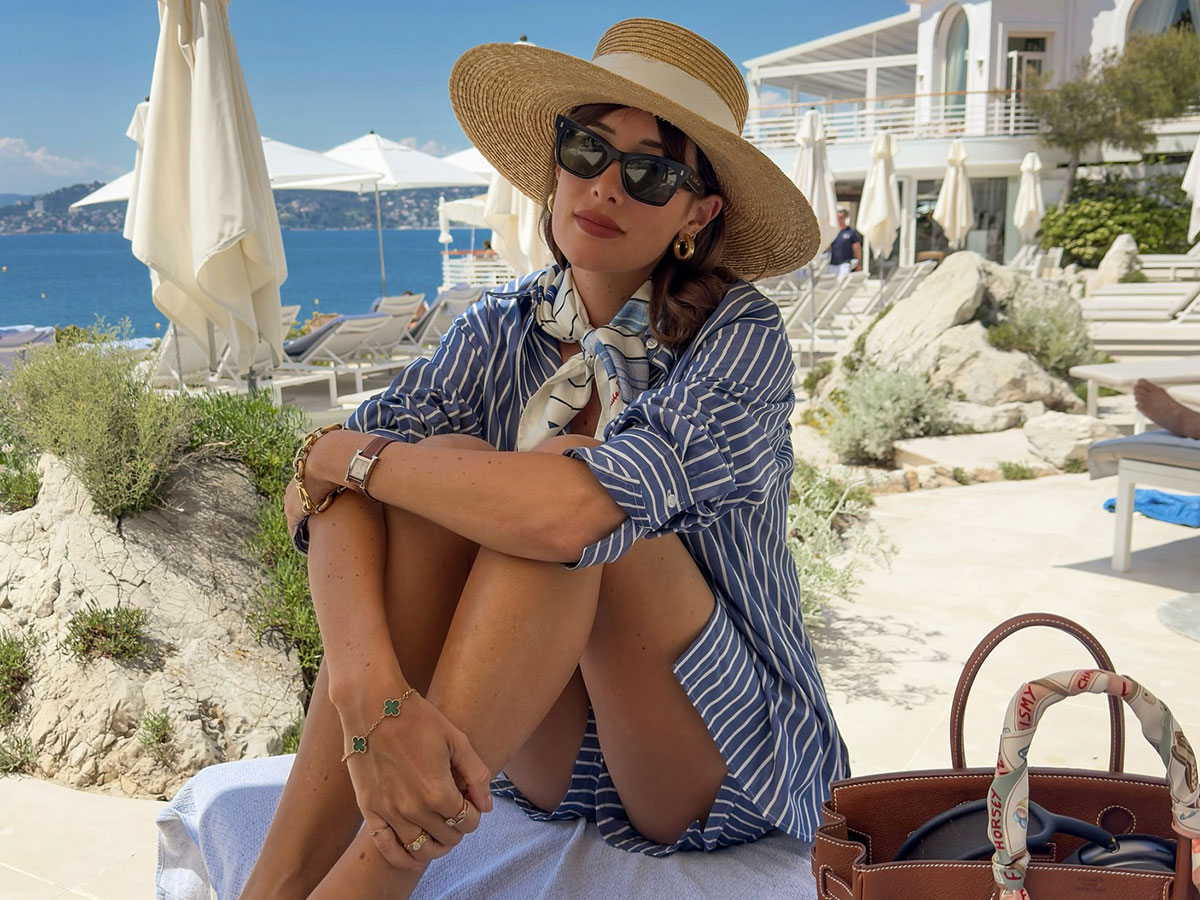 @juliesfi vacation outfit blue striped set and birkin bag