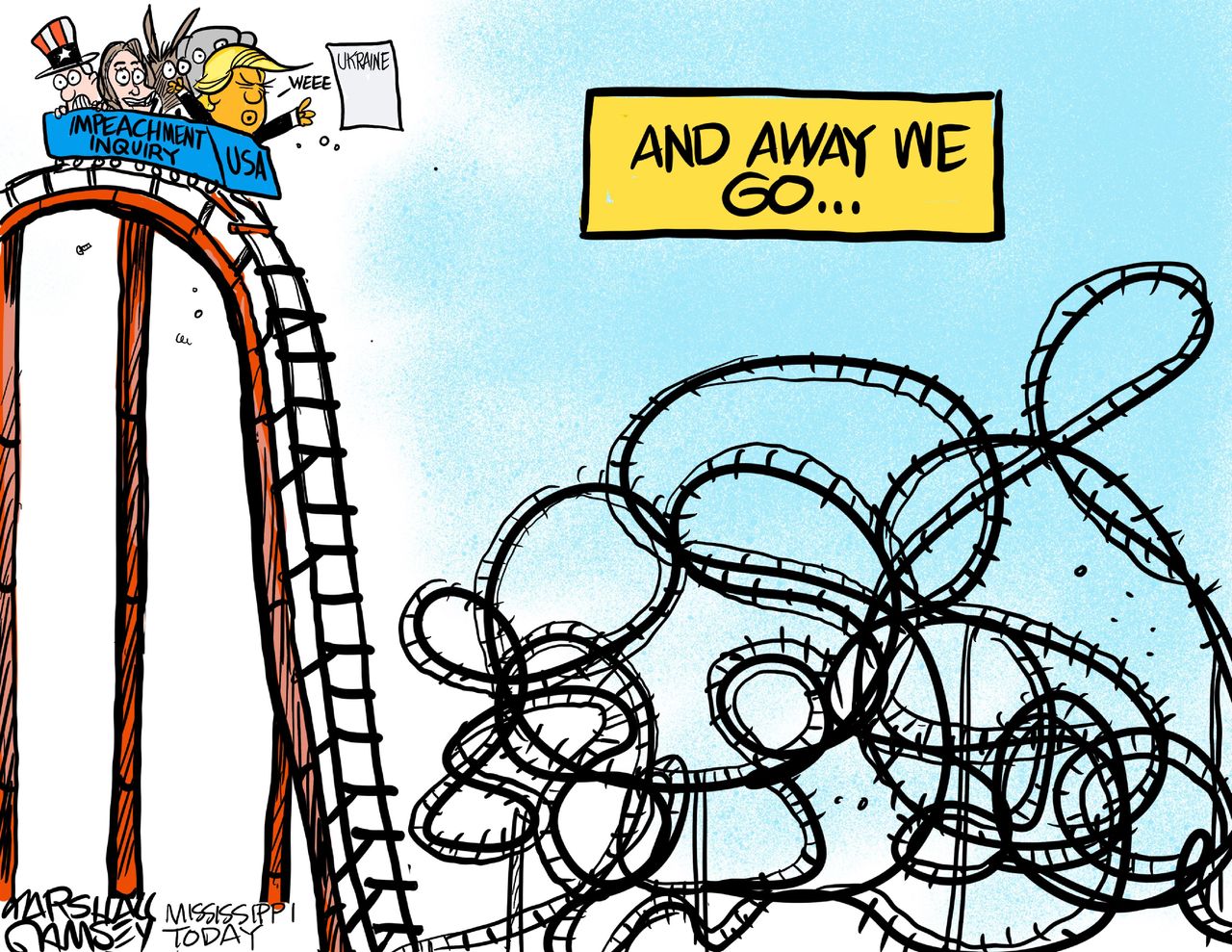 Political Cartoon U.S. Impeachment Rollercoaster Trump Pelosi Ukraine