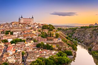 town centre with river in La Mancha, Spain