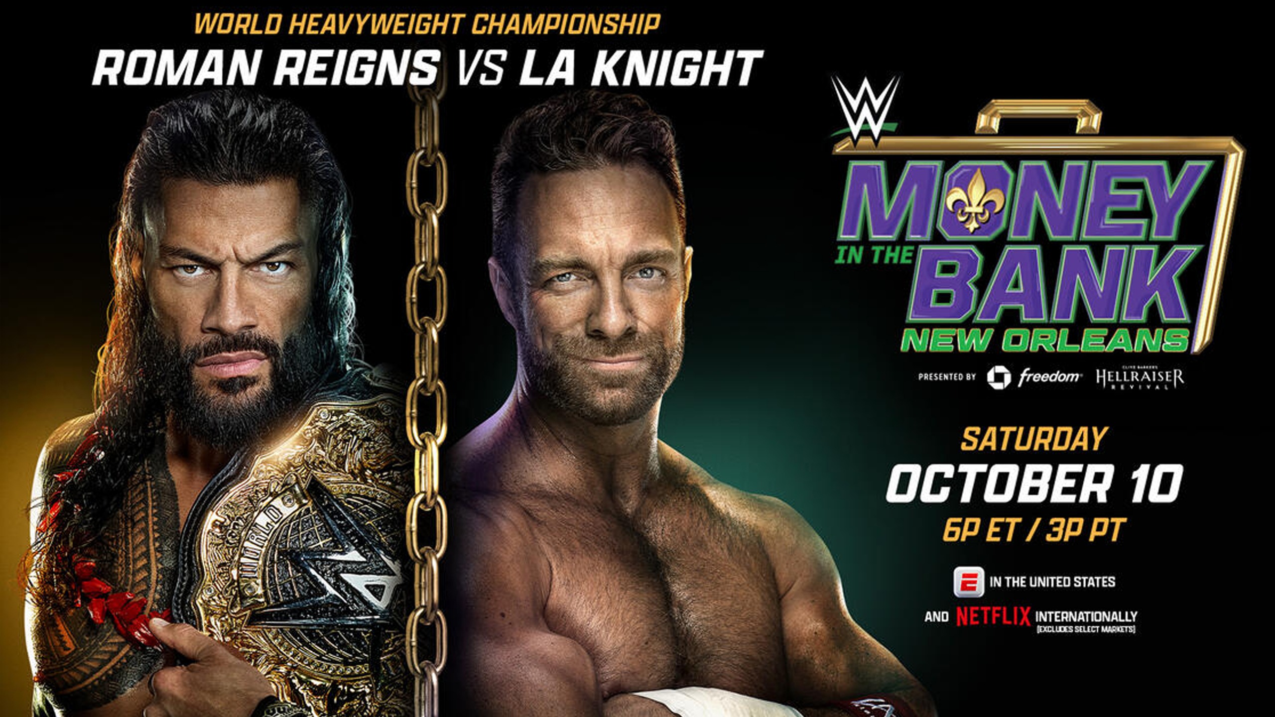 The poster for WWE Money in the Bank 2026, featuring World Heavyweight Champion Roman Reigns and challenger LA Knight.