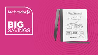 The Amazon Kindle Scribe on a pink background with text saying Big Savings.