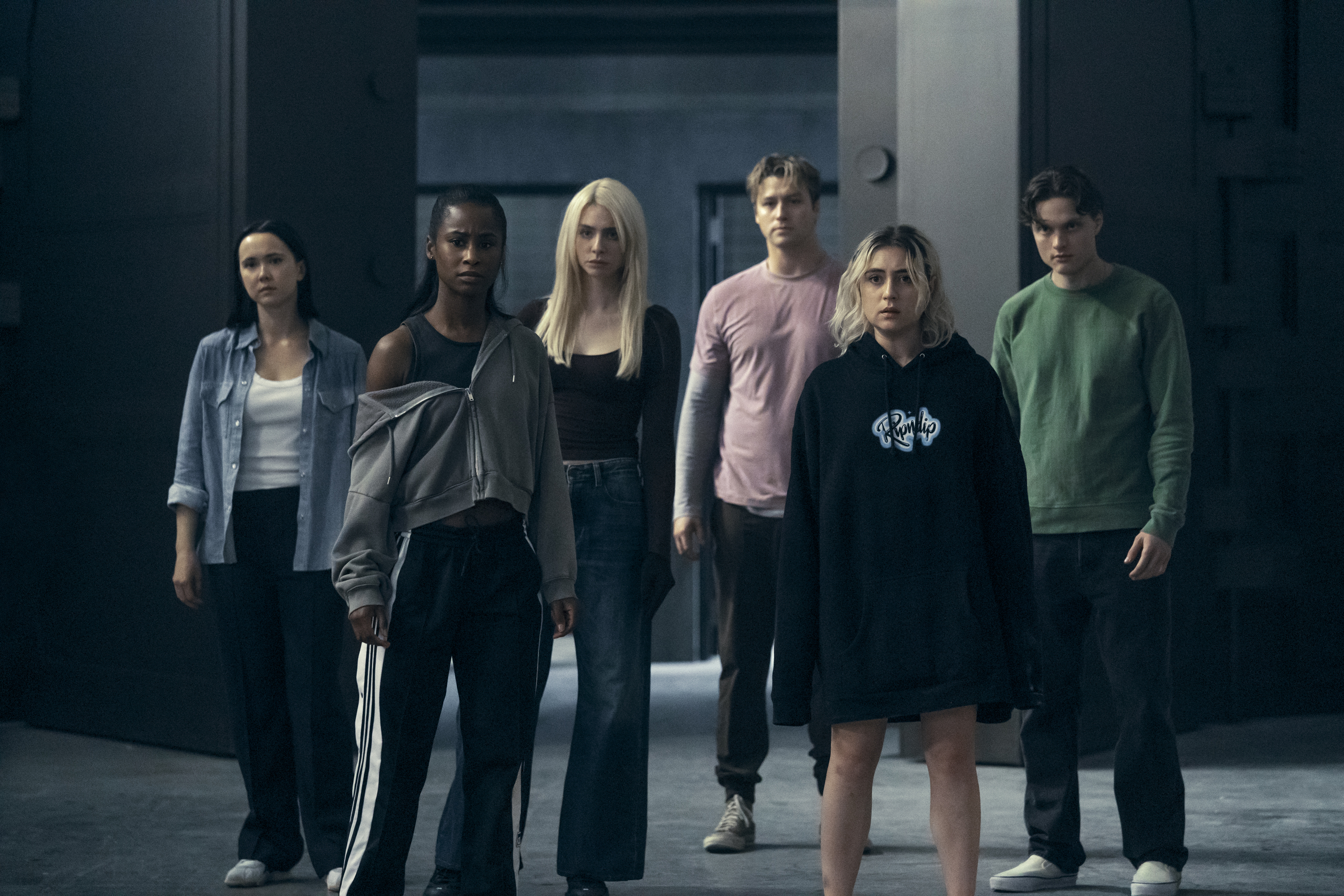 l-r: London Thor as Jordan Li, Keeya King as Annabeth Moreau, Maddie Phillips as Cate Dunlap, Stephen Kalyn as Greg, Lizze Broadway as Emma Meyer, Asa Germann as Sam in the &#039;Gen V&#039; season 2 finale.