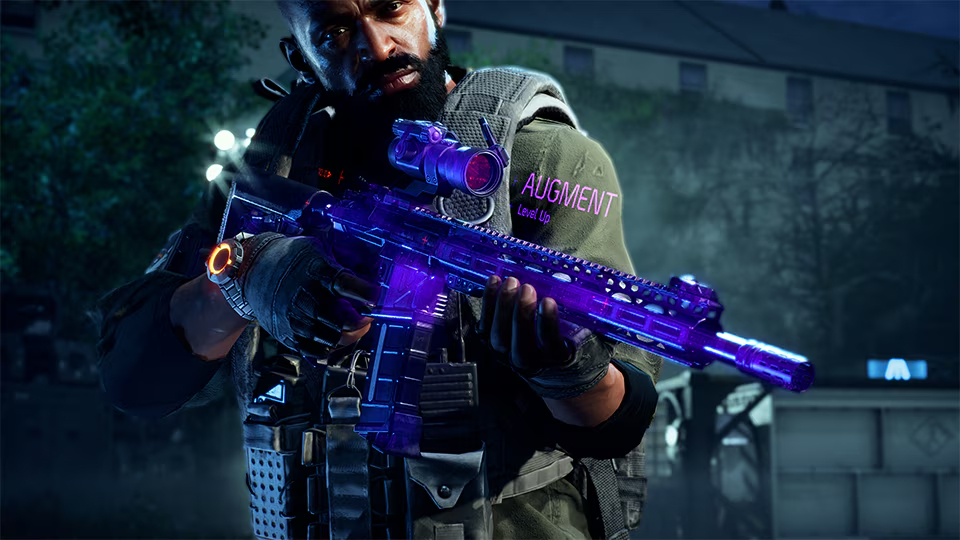Artwork from The Division 2's latest update 'Rise Up' showing an agent holding a purple, glowing rifle