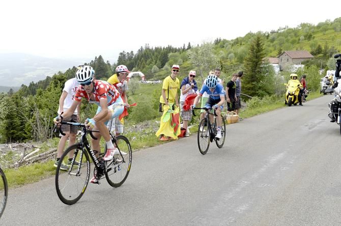 Vincenzo Nibili (Astana) and Andrew Talansky (Garmin-Sharp) climb to the top of the Col du Beal in 5th and 6th place