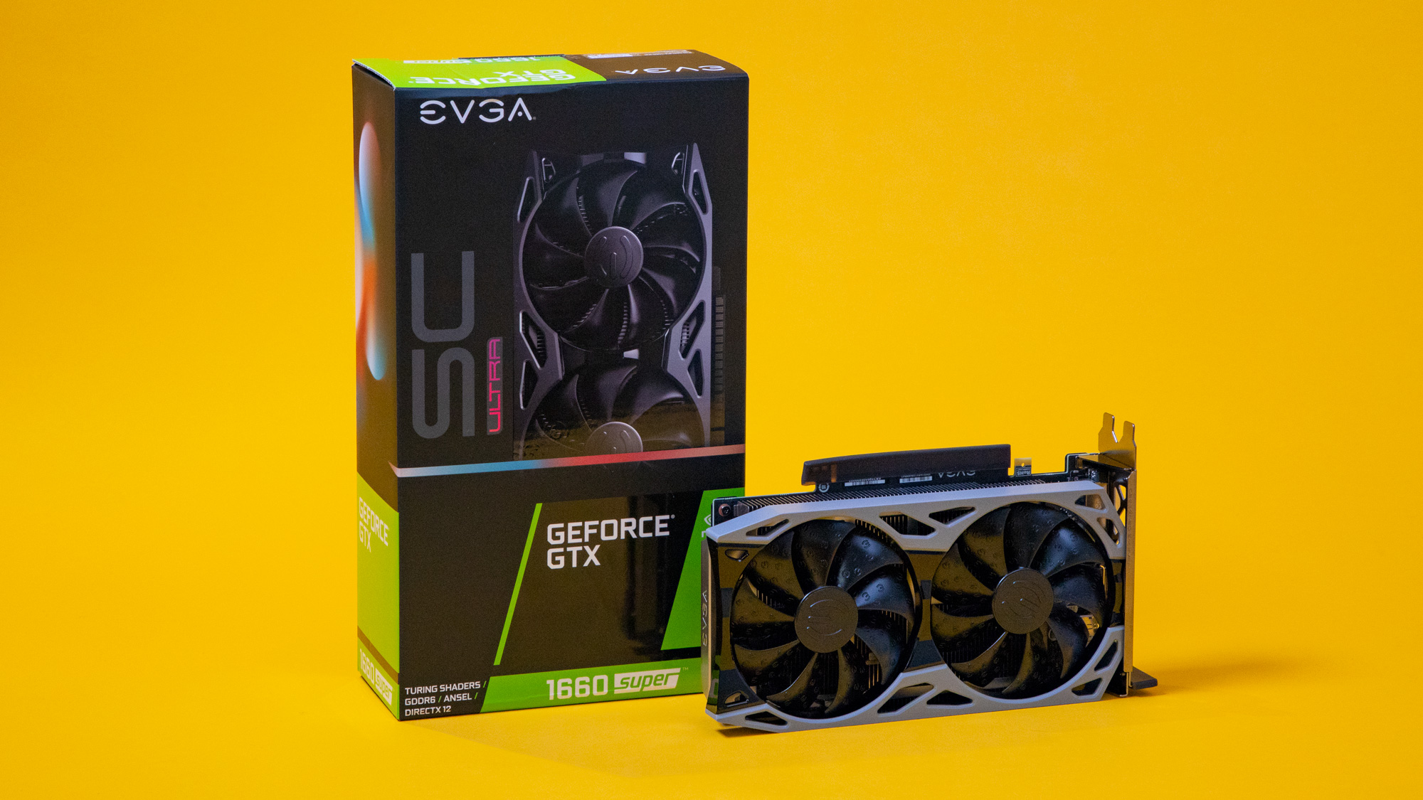 The retail packaging and the physical Nvidia GeForce GTX 1660 Super graphics card against a yellow background
