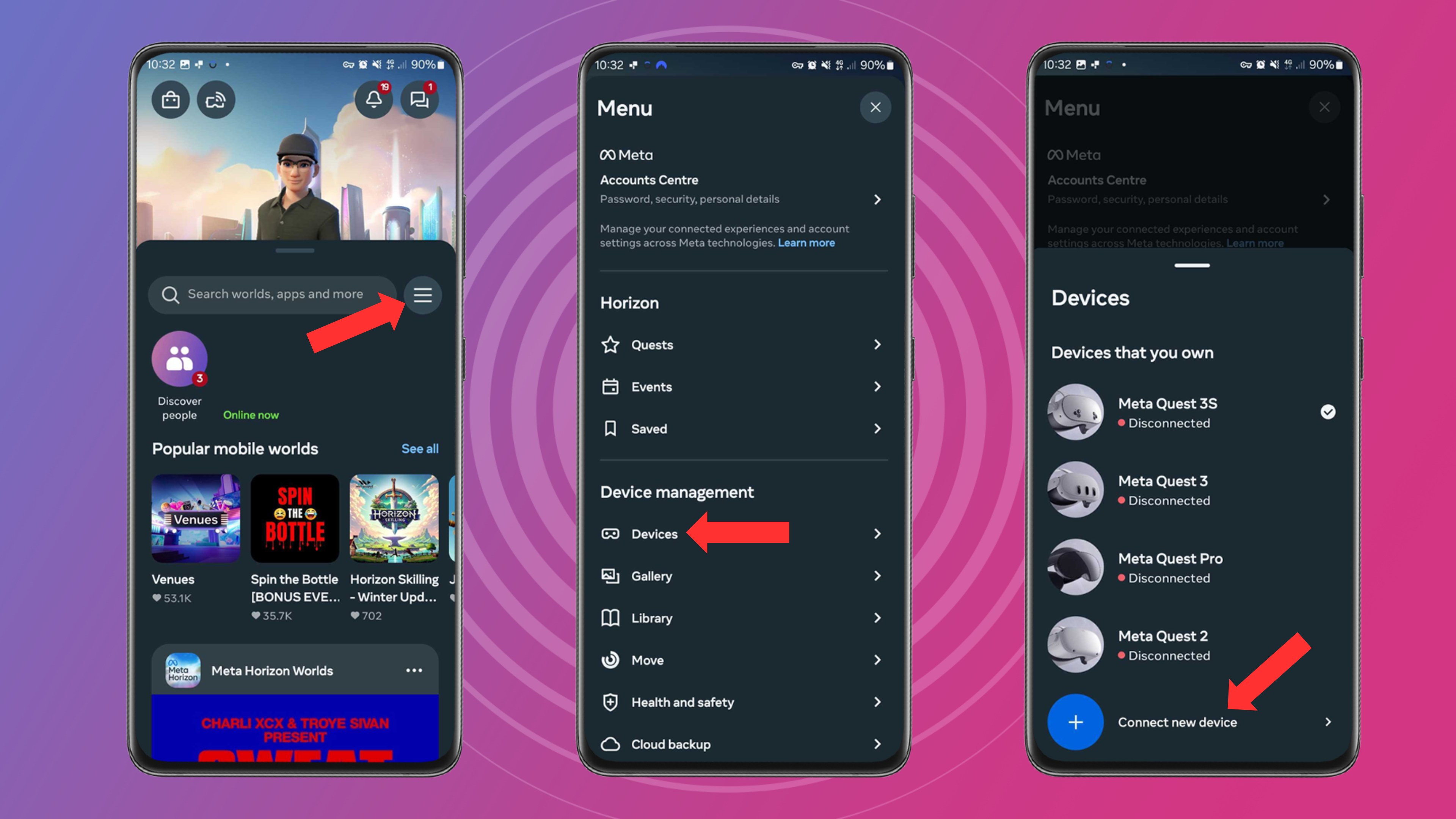 Meta Horizon Mobile app screenshots showing you how to add a new device