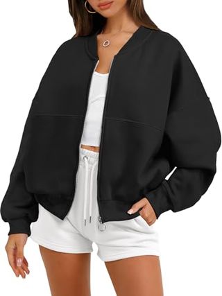 Anrabess Women's Zip Up Oversized Sweatshirts Fleece Jacket Coat Long Sleeve Casual Hoodie 2024 Fall Teen Girls Top Clothes Black Large