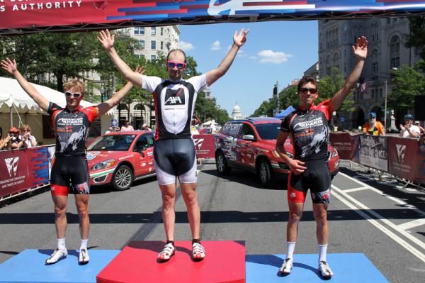 The overall points podium (l-r): Isaac Howe (Mountain Khakis), Clayton Barrows (Axa Equitable) and Neil Bezdek (Montain Khakis).