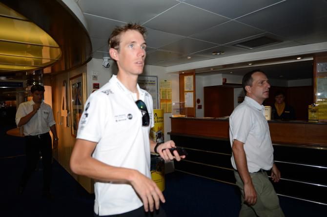 Andy Schleck makes his way to the press conference