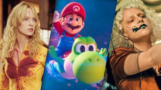 (From l to r) Uma Thurman as the Bride in Kill Bill: Volume 1; Mario (Chris Pratt) and Yoshi (Donald Glover) in The Super Mario Galaxy Movie; and Jessie Buckley as Ida in The Bride!