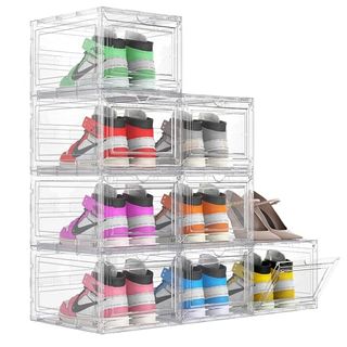 Kjfeoiye 8 Pack XX Large Clear Stackable Shoe Storage Boxes for Size 14, Thicken Hard Plastic Shoe Organizer for Closet, Foldable Shoe Containers Display Case for Sneaker