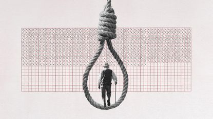 Photo collage of an elderly man with a walking stick, framed inside the loop of a rope noose. 