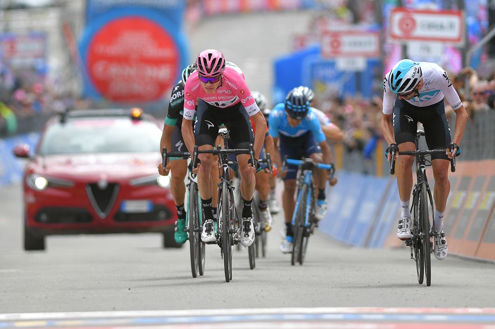 Chris Froome sprints for the line at the finish of stage 20 at the Giro d'Italia