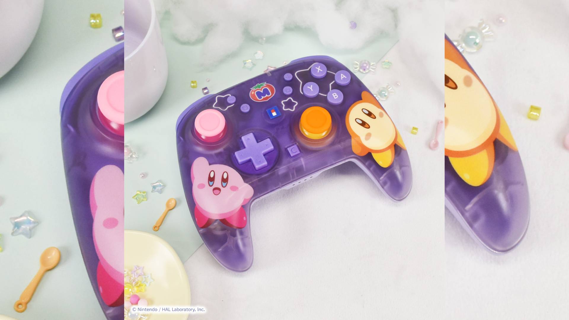 Official Hori Japan product image of a translucent purple Kirby and Waddle Dee Switch 2 controller.