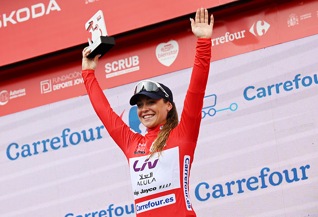 SANT BOI DE LLOBREGAT SPAIN MAY 05 Letizia Paternoster of Italy and Team Liv Allua Jayco celebrates at podium as Red Leader Jersey winner during the 11th La Vuelta Femenina 2025 Stage 2 a 99km stage from Molins de Rei to Sant Boi de Llobregat UCIWWT on May 05 2025 in Sant Boi de Llobregat Spain Photo by Szymon GruchalskiGetty Images