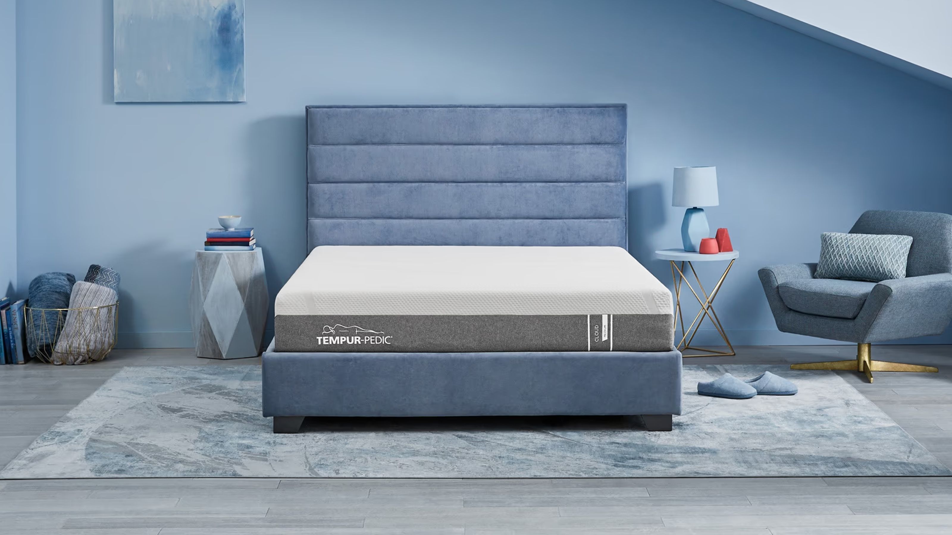 Tempur-Pedic mattress in blue bedroom