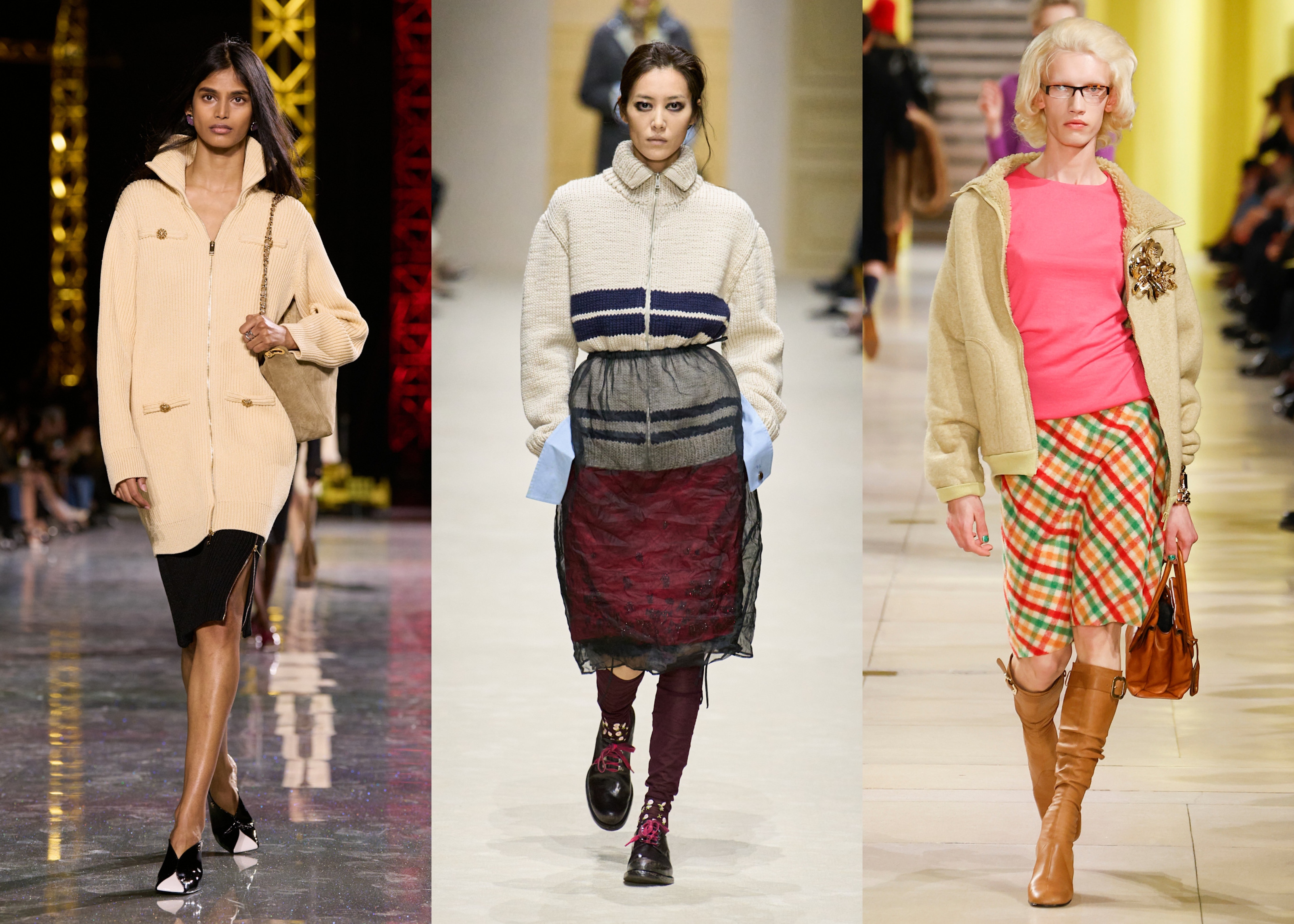 sweater jackets on the fall 2026 runways of chanel, prada, and miu miu