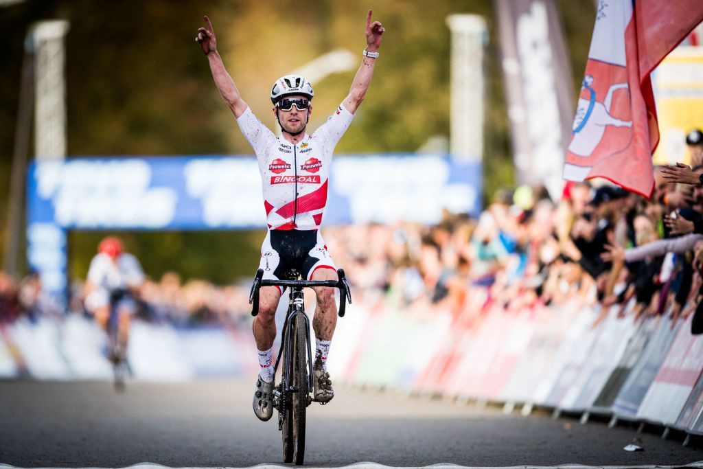 Belgian Eli Iserbyt celebrates as he crosses the finish line to win the men elite race at the World Cup cyclocross cycling event in Tabor Czech Republic stage 3 out of 16 of the UCI World Cup cyclocross competition Sunday 23 October 2022 BELGA PHOTO JASPER JACOBS Photo by JASPER JACOBS BELGA MAG Belga via AFP Photo by JASPER JACOBSBELGA MAGAFP via Getty Images
