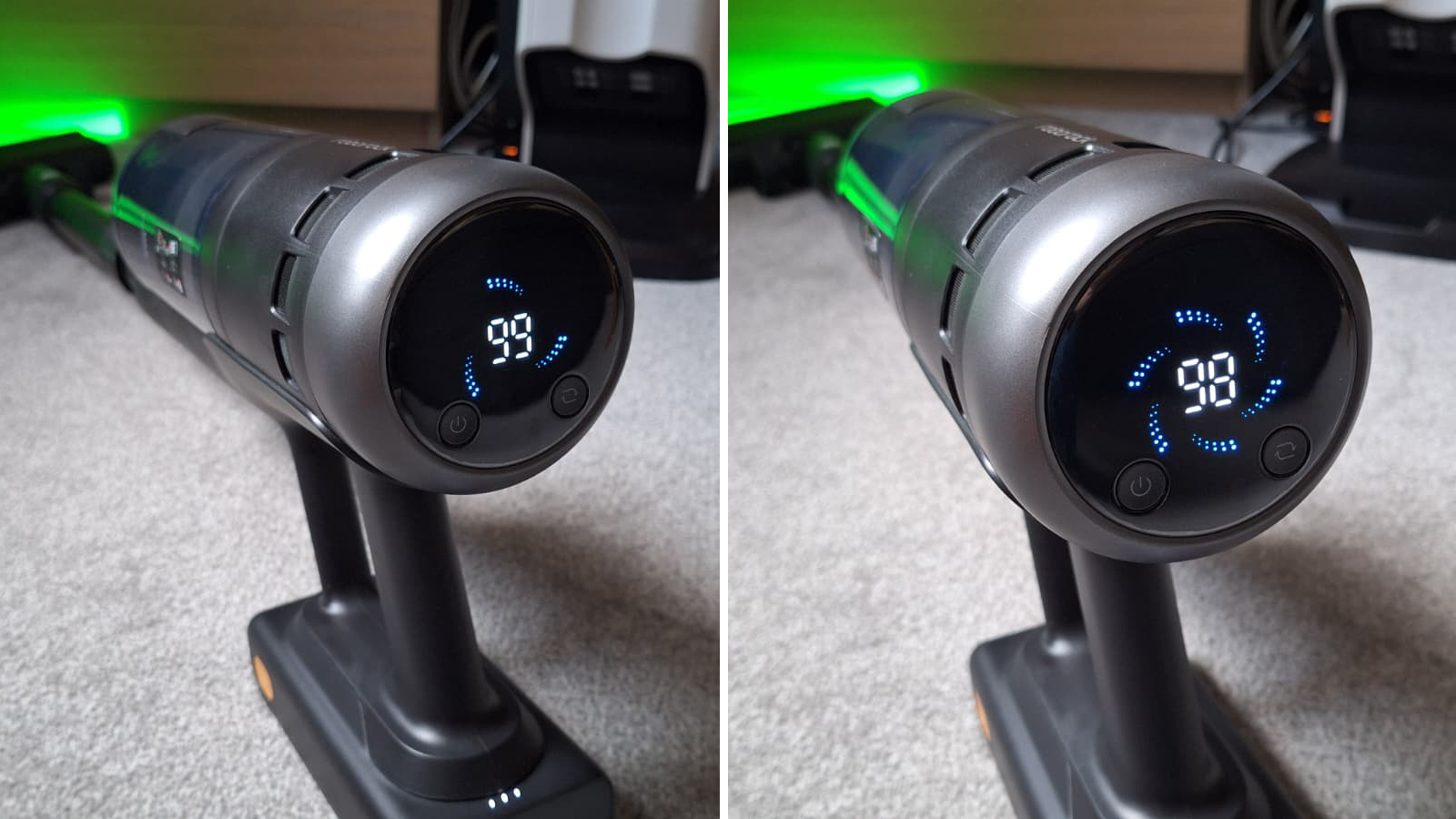 Screen on Roborock H60 Hub Ultra, showing percentage battery and cleaning mode
