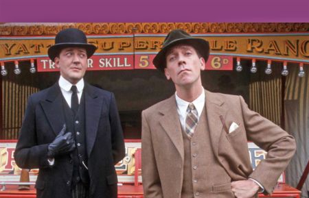 Stephen Fry at left as Jeeves and Hugh Laurie as Wooster