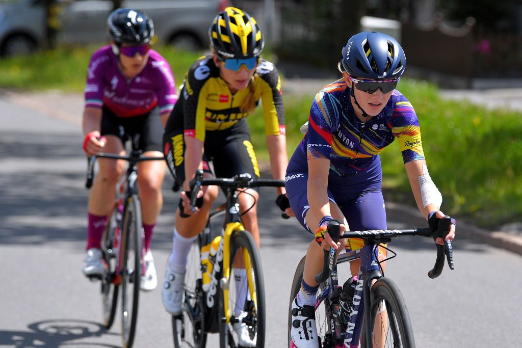 GOTHA GERMANY MAY 30 Neve Bradbury of Australia and Team Canyon SRAM Racing in breakaway during the 34th Internationale LOTTO Thringen Ladies Tour 2021 Stage 6 a 978km stage from Gotha to Gotha ltlt2021 lottothueringenladiestour womencycling on May 30 2021 in Gotha Germany Photo by Luc ClaessenGetty Images