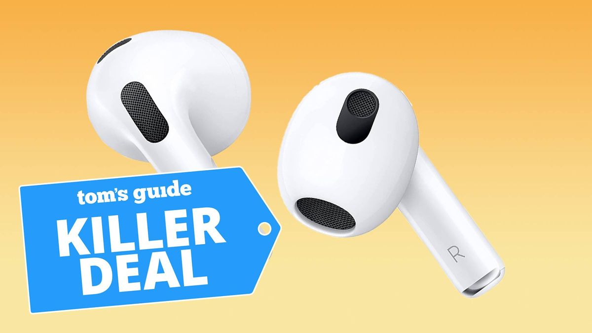 AirPods 3 on a yellow background with the &quot;Tom&#039;s Guide Killer Deal&quot; tag overlaid