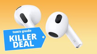 AirPods 3 on a yellow background with the "Tom's Guide Killer Deal" tag overlaid