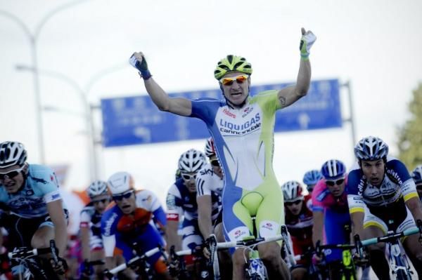 Elia Viviani (Liquigas-Cannondale) celebrates his victory in the opening stage at the Tour of Beijing.