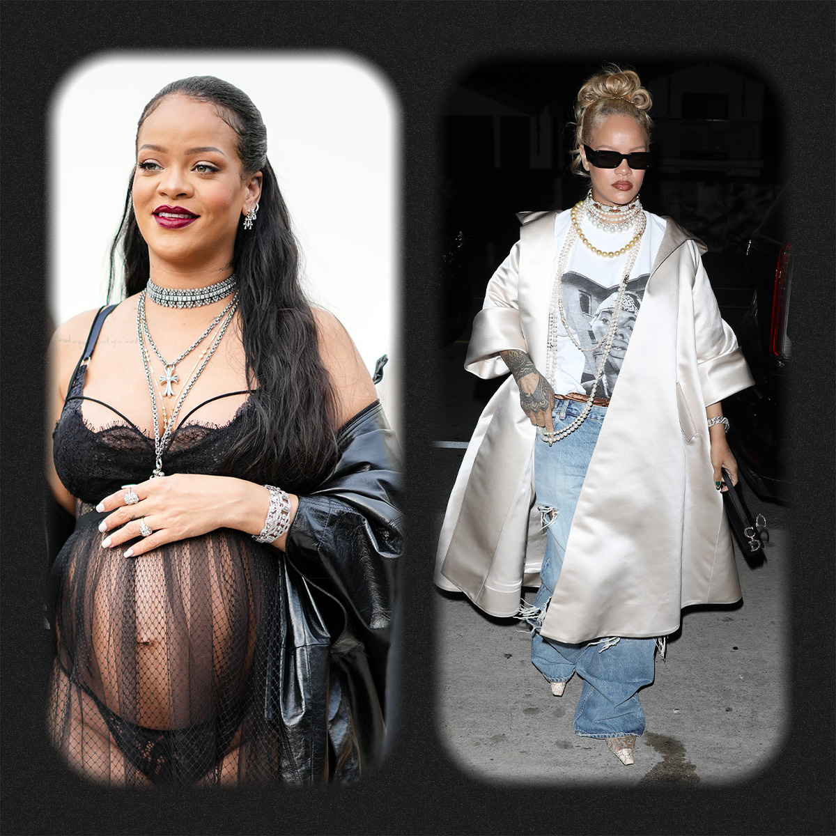 Rihanna wearing sheer dress while pregnant; Rihanna in a satin coat and jeans