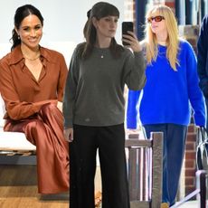 a collage of editor Halie LeSavage with Meghan Markle and Jennifer Lawrence wearing the same pair of La Ligne pants