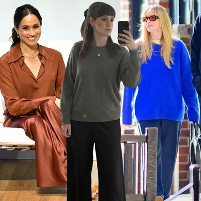 a collage of editor Halie LeSavage with Meghan Markle and Jennifer Lawrence wearing the same pair of La Ligne pants