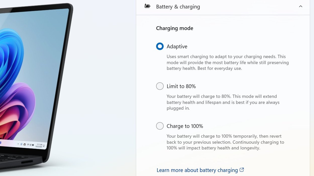 Battery capacity limit option in the Surface app