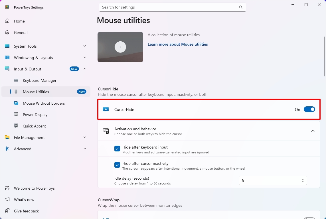 PowerToys mouse utilities settings showing the CursorHide option.