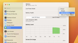 The Battery settings panel in macOS Ventura, with an option to enable Low Power Mode displayed.