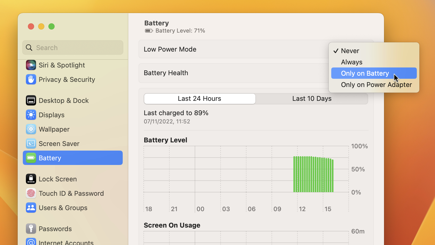 The battery settings panel in macOS Ventura is shown with the option to enable low power mode.