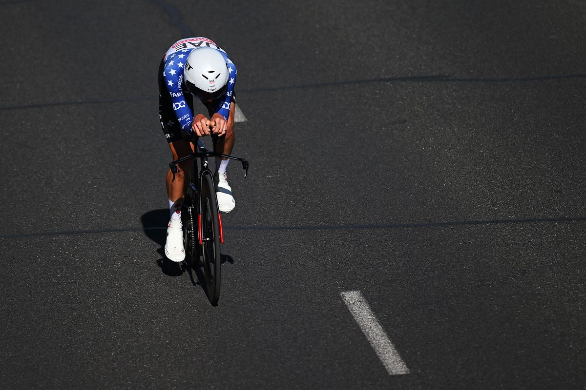 MADRID, SPAIN - SEPTEMBER 08: Brandon McNulty of The United State and UAE Team Emirates sprints during the La Vuelta - 79th Tour of Spain 2024, Stage 21 a 24.6km individual time trial stage from Madrid to Madrid / #UCIWT / on September 08, 2024 in Madrid, Spain. (Photo by Dario Belingheri/Getty Images)