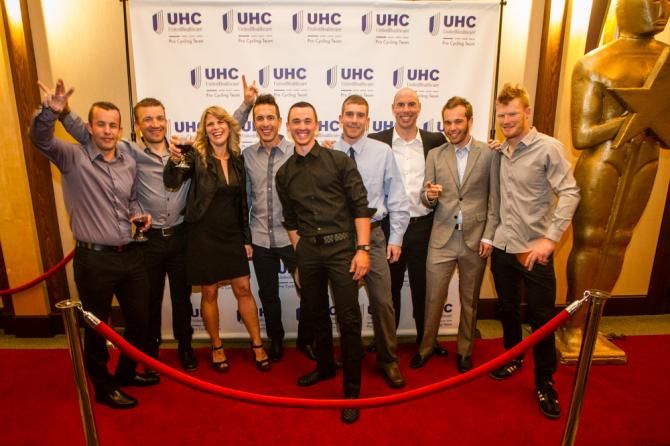 The UHC "crit squad" squad gathers for the post-presentation party