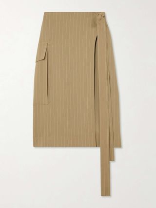 Tie-Detailed Pinstriped Wool-Twill Midi Wrap Skirt