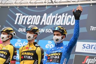Wout Van Aert in the blue Tirreno-Adriatico leader's jersey