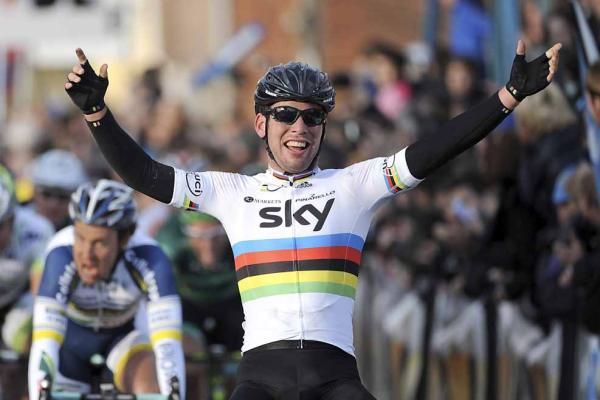 Mark Cavendish (Sky) crosses the line in Kuurne.