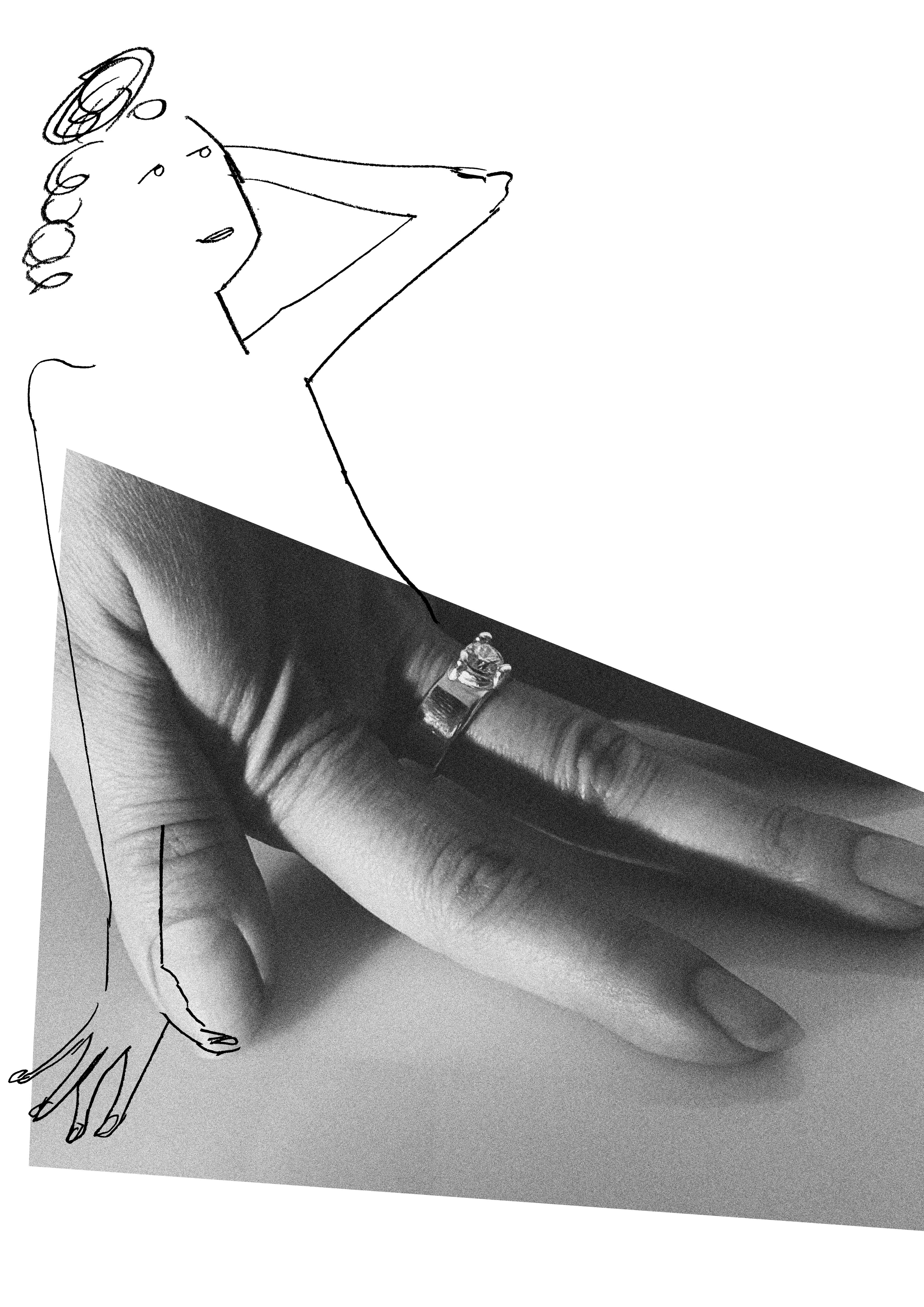 diamond rings in black and white, against the backdrop of pencil drawings of people